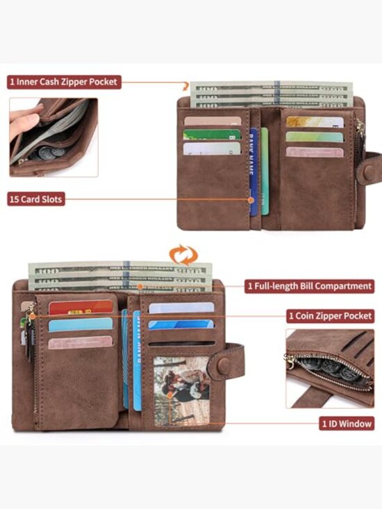 Women Bifold Leather RFID Blocking Wristlet Wallet with Card Slots and Coin Purse